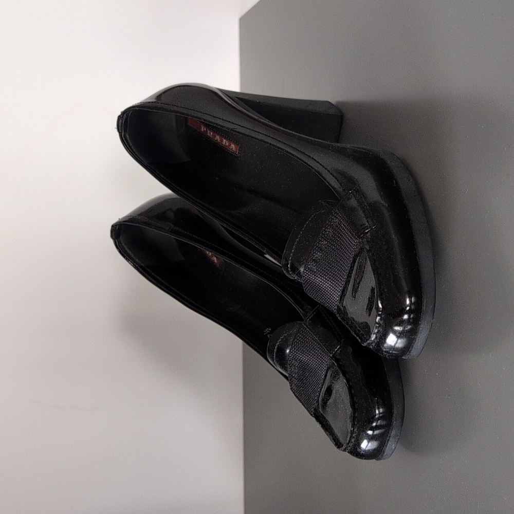 Prada Black Patent Leather Heeled Loafer Pumps